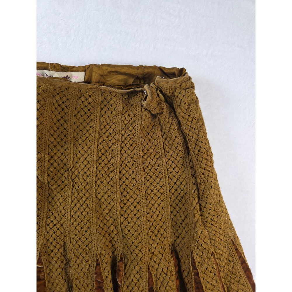 Free People Vintage Crochet Velvet Tiered Midi Skirt Boho 10 Mustard Bronze Y2K - Picture 3 of 7